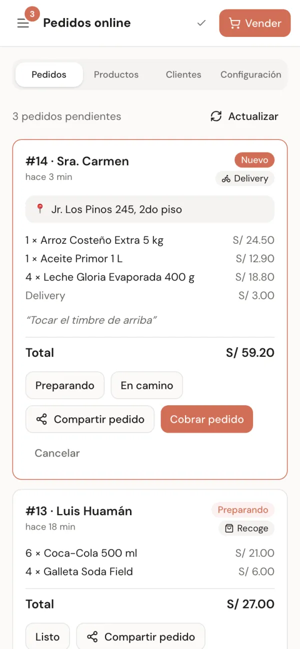 Pedidos online en Anota: el pedido nuevo con delivery, la dirección y el botón Cobrar pedido